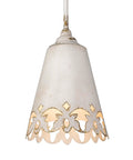 Eloise Small Pendant Light In Antique Ivory With Matching Shade Vintage Rustic Ceiling Fixture Durable Steel Construction Hand Painted Finish Perfect For Eclectic Homes And Cozy Spaces shown hanging with intricate cut-out design.
