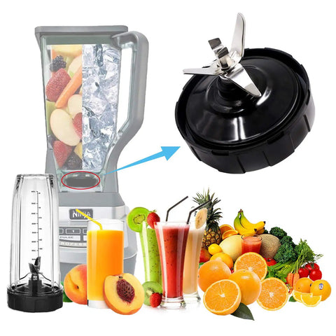 Image of Two Pack 7 Fins Extractor Blades Replacement Bottom Blade For Ninja Blender Nutri Ninja Auto iQ with fruits and juice.
