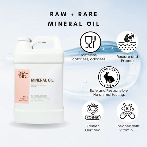 Food Grade Mineral Oil For Wood And Kitchen Surfaces 1 Gallon Vegan Formula Enriched With Vitamin E bottle with features