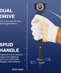Hand holding dual drive spud handle wrench from the Three Piece Spud Wrench Set Heavy Duty Featuring A Twelve Inch Spud Wrench.