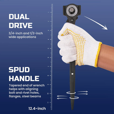 Hand holding dual drive spud handle wrench from the Three Piece Spud Wrench Set Heavy Duty Featuring A Twelve Inch Spud Wrench.