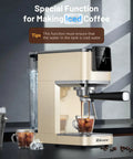 Pro Level Home Barista Vibes 20 Bar Espresso Maker With Swift Milk Frother And Bright LCD Screen For Smooth Hot Or Iced Coffee Brewing In Dope Stainless Steel Housing Prime For Pulling Fire Cappuccino Or Latte At Home No Cap Needed Today, making iced coffee with glass cups and ice.