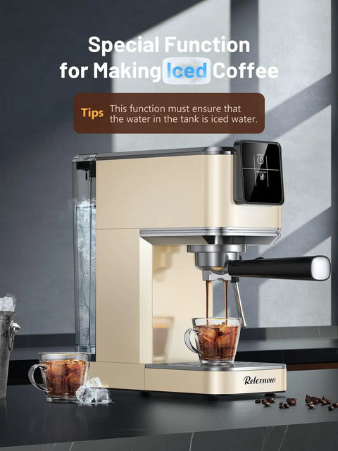 Pro Level Home Barista Vibes 20 Bar Espresso Maker With Swift Milk Frother And Bright LCD Screen For Smooth Hot Or Iced Coffee Brewing In Dope Stainless Steel Housing Prime For Pulling Fire Cappuccino Or Latte At Home No Cap Needed Today, making iced coffee with glass cups and ice.