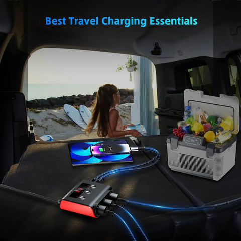 Slick Heavy Duty 7 In 1 Cigarette Lighter Splitter with 3 Independent 12V 24V Socket Outlets in use for charging a phone and cooler.