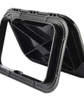 Heavy Duty Black Marine Boat Deck Access Hatch Cover With UV Stabilized ABS Lid And Low Profile Base shown from an angle highlighting interior details.