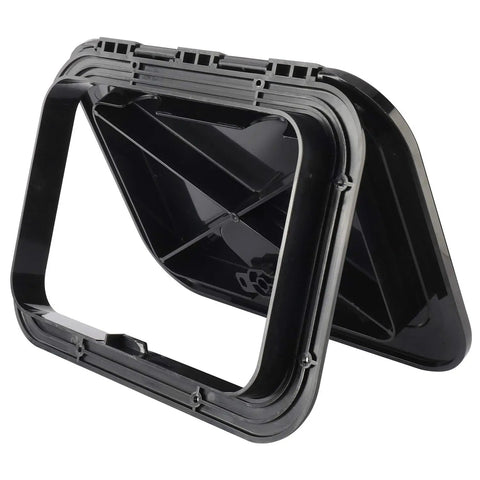 Heavy Duty Black Marine Boat Deck Access Hatch Cover With UV Stabilized ABS Lid And Low Profile Base shown from an angle highlighting interior details.