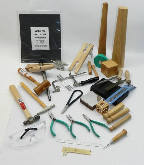 Starter Hands On Metalsmith Tools Kit For Jewelry Making A Solid Bench Tools Set With Ring Mandrel Ring Clamp Bench Pin Wood Ring Clamp And All The Essentials For Apprentice Jewelry Making And Metalworking, assorted metal and wood tools laid out
