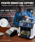 Multi Currency Money Counter With Counterfeit Detection And Sorter, Printer Enabled, showing connection options and display screen