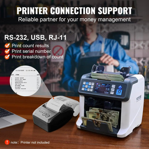Multi Currency Money Counter With Counterfeit Detection And Sorter, Printer Enabled, showing connection options and display screen