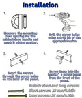 Installation guide for Four Piece Crescent Moon Cabinet Knobs with short and long screws dimensions for proper fitting.