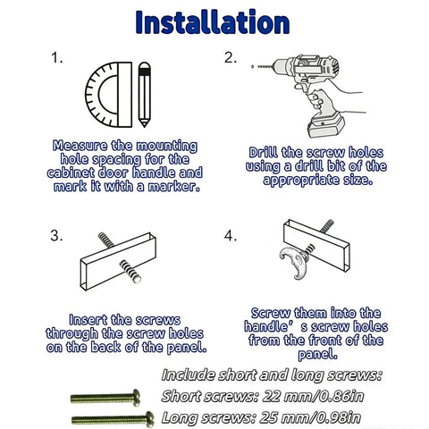 Installation guide for Four Piece Crescent Moon Cabinet Knobs with short and long screws dimensions for proper fitting.