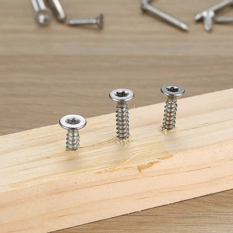 400 Pcs M3 M3.5 M4 Torx Head Self Tapping Wood Screws Pro Grade Assortment Kit In Stainless Steel shown screwed into wood