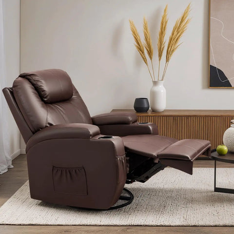 Cozy Leather 360 Degree Swivel Rocker Recliner With Massage, Side Pockets And Cup Holders, Plush Dark Brown Single Sofa in room view