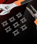 8 Piece 420 Chain Master Links Set For Dirt Bikes And ATVs with tools, includes steel alloy connectors for 420 chain replacement.
