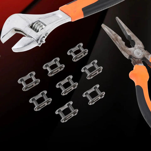 8 Piece 420 Chain Master Links Set For Dirt Bikes And ATVs with tools, includes steel alloy connectors for 420 chain replacement.