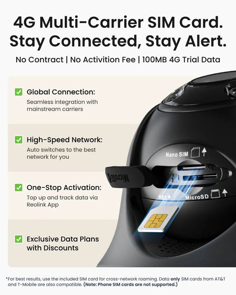 Close-up of 4K LTE Cellular Security Camera For Outdoor Use No WiFi Solar Powered 3G 4G Connectivity 360 Auto Tracking AI Detection Color Night Vision Local Storage Up To 512GB SIM Card Included with SIM card slot.