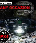 USB Rechargeable Headlamp Flashlight For Runners Camping And Outdoor Adventures With Bright LED Beams Black 2 Pack shown in darkness