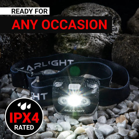 USB Rechargeable Headlamp Flashlight For Runners Camping And Outdoor Adventures With Bright LED Beams Black 2 Pack shown in darkness