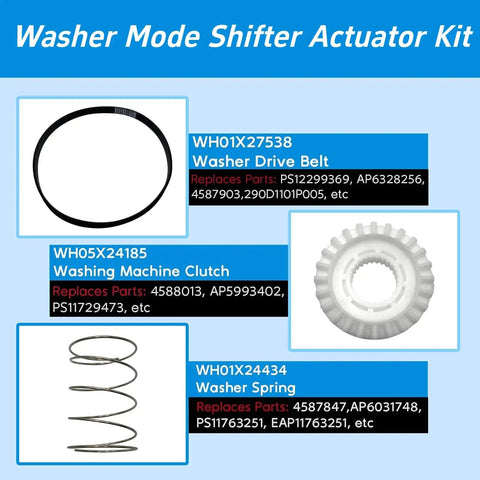 Washer Mode Shifter Actuator Kit Replacement For GE Washers Replaces 4587847 And 4588013 Parts WH03X30517 WH05X25036 WH05X24435 WH05X24185 WH01X27538 PS16554752 AP7014559, with drive belt, clutch, and spring