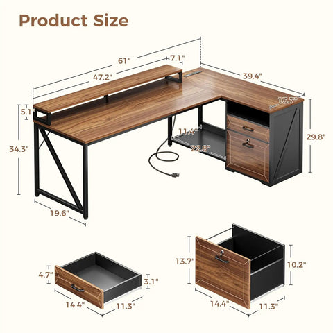 Product dimensions for L Shaped Desk With Wood Drawers And Locking File Cabinet, 61 Inch Corner Office Desk With Power Outlet.