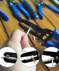 Five Pack Wire Strippers And Cutters With Safety Lock And Spring Loaded Pro Grade Electrician Pliers in use on wire