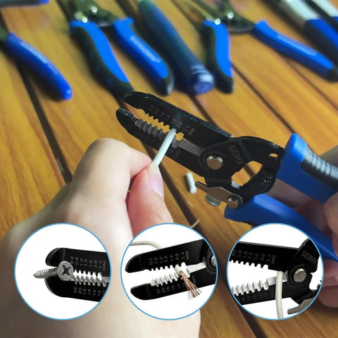 Five Pack Wire Strippers And Cutters With Safety Lock And Spring Loaded Pro Grade Electrician Pliers in use on wire