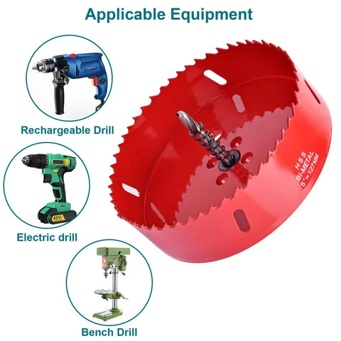 Red 4-inch bi-metal hole saw with pilot bit for wood, plastic board, drywall, ceiling and metal