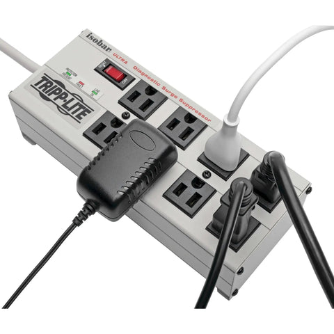 Isobar 8 Outlet Surge Protector Power Strip With 25 Foot Cord, Right Angle Plug, Metal Housing, Insurance Up To 50,000 shown with cables.
