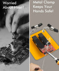 Third Hand Soldering Clamp Stand With Adjustable Arms, Ideal For PCB Work, in use holding a circuit board and soldering iron