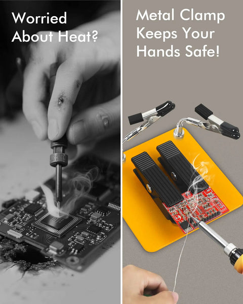 Third Hand Soldering Clamp Stand With Adjustable Arms, Ideal For PCB Work, in use holding a circuit board and soldering iron