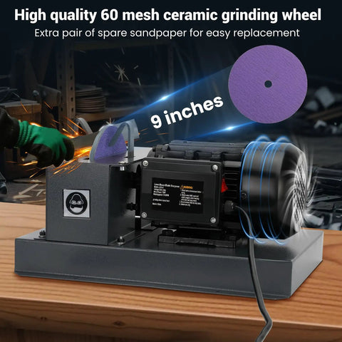 Badass Heavy Duty Lawn Mower Blade Sharpener With Nine Inch Grinding Disc And One Horsepower Motor for quick sharpening.
