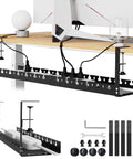 Under Desk Cable Management Tray With Clamp For No Drill Setup 31 Inch Long Two Hole Raceway Cord Organizer attached to desk
