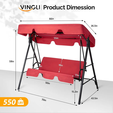 Dimensions of Outdoor Porch Swing With Adjustable Canopy Powder Coated Steel Frame and Heavy Duty Stand in Red