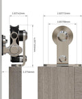 Side view of 5.5 Foot Stainless Steel Sliding Track Barn Door Hardware Kit For Single Door Heavy Duty, Quiet Smooth Roller Bearings installed