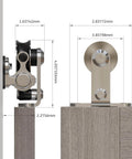 Close-up of Beefed Up Stainless Steel Sliding Track Barn Door Hardware Kit for Double Doors, showing roller design and measurements.