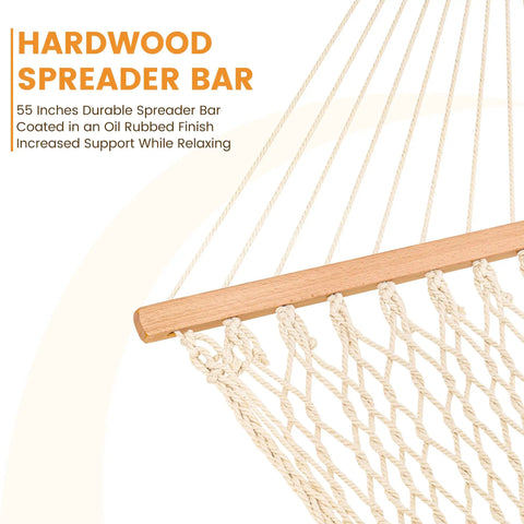 Two Person 12 Ft Double Rope Hammock With Spreader Bar Hand Woven Cotton Outdoor Patio Hammock For Poolside Lounging Fits 13 To 15 Ft Stand Supports Up To 450 Lbs Natural Color 141 X 57 Inches with hardwood spreader bar