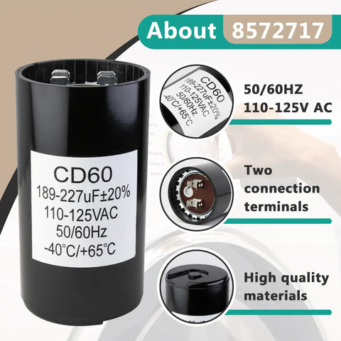 Washer Start Capacitor Replacement Part For Most Top And Front Load Washers Fits 661606 WP8572717 2859 357021 W10244889 3949169 482156 Black Durable Replacement Part For Easy Fix And Long Lasting Performance, black CD60 washer capacitor with two terminals