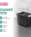 Six Pack Seven Point Five Gallon Stackable Tote For Home Organization Tough Plastic Storage Bins With Recessed Lid And Heavy Duty Latches For Closet Basement Garage And Attic, side view.