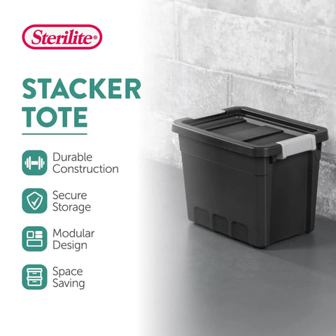 Six Pack Seven Point Five Gallon Stackable Tote For Home Organization Tough Plastic Storage Bins With Recessed Lid And Heavy Duty Latches For Closet Basement Garage And Attic, side view.