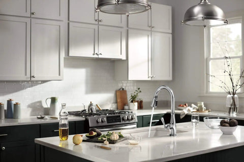 Modern kitchen with Elmhurst Do-It-All Single-Handle Kitchen Faucet With Pull-Down Sprayer, Chrome Finish on island.