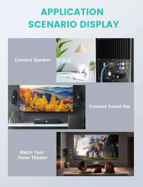 Real Deal Digital Optical Audio Cable With Toslink SPDIF Fiber Core Male To Male Ends For Soundbars Home Theaters And Gaming Stations Drops Blazing Clear Audio Over Six Feet Of Cable connected to speakers and soundbar in a modern living space.