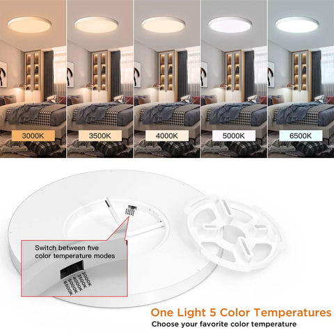 2 Pack 9 Inch LED Flush Mount Ceiling Light showing 5 CCT selectable from 3000K to 6500K with installation details