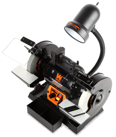 Top Shelf 6 Inch Bench Grinder With 2.5 Amp Variable Speed Motor And Built In Work Light for sharpening blades and fixing gear.