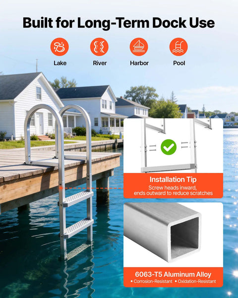 Removable 3 Step Aluminum Dock Ladder With Non Slip Wide PP Steps, 500 Lb Capacity, Quick Release, Easy In And Out For Lake Swimming, Pool Or Marine Boarding On Pontoon Boats.