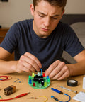 Teen assembling DIY Soldering Practice Kit With CD4017 Lucky Wheel LED Circuit Board Learn Electronics Fun Project For Beginners.