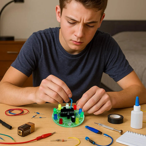 Teen assembling DIY Soldering Practice Kit With CD4017 Lucky Wheel LED Circuit Board Learn Electronics Fun Project For Beginners.