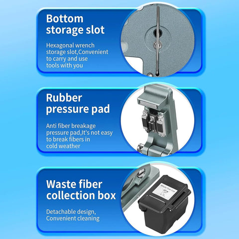 Features of the K1 Universal Fiber Cleaver For Fiber Optic Hot Melt And Cold Welding, including storage slot, rubber pad, and waste box.
