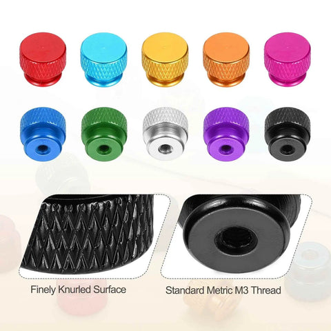 Knurled Thumb Nuts Set M3 12mm Outer Diameter 10mm Height Aluminum 6061 Anodized Bright Black Hand Screws shown in various colors