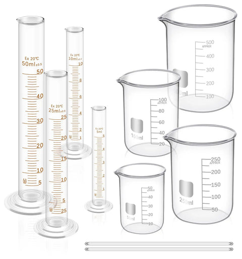 Beaker Set With 4 Glass Beakers And 4 Graduated Cylinders Plus 2 Stirring Rods For Chemistry Experiments Easy Read Measurements