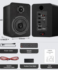 Bluetooth Bookshelf Speakers for Turntable With 60W RMS Power, front and back view with accessories, dimensions labeled.